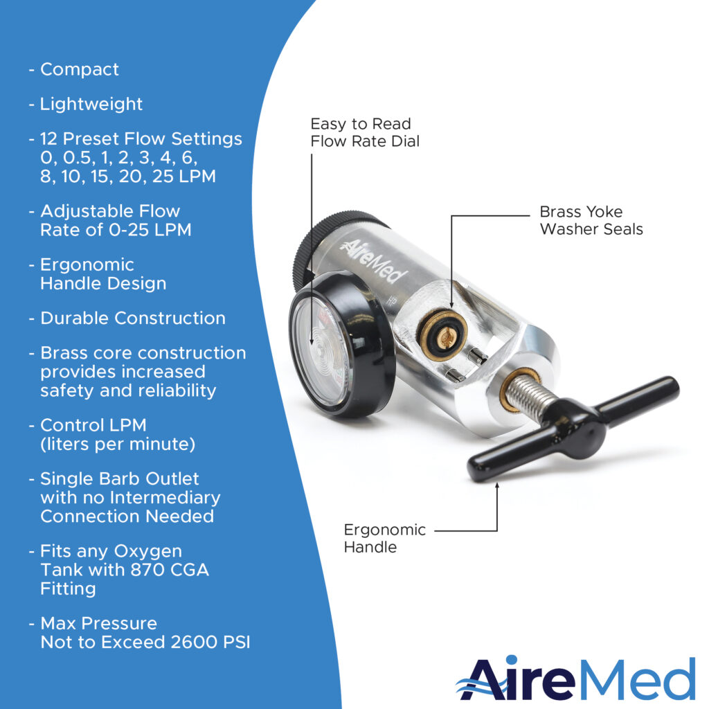 AireMed Oxygen Tank Regulator 0-25LPM, CGA-870 Gauge Flow Rate - AireMed