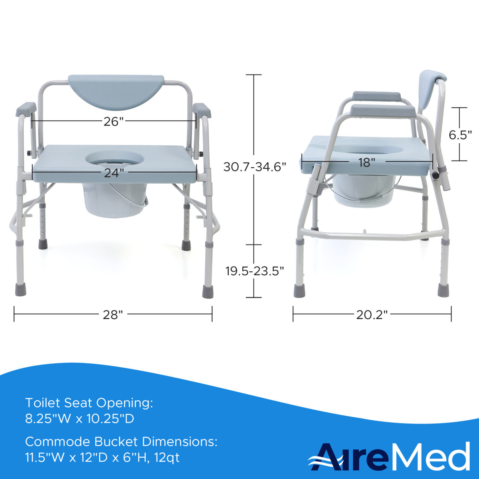 AireMed Bariatric Drop Arm Commode 3 in 1 Extra Wide Bedside Commode