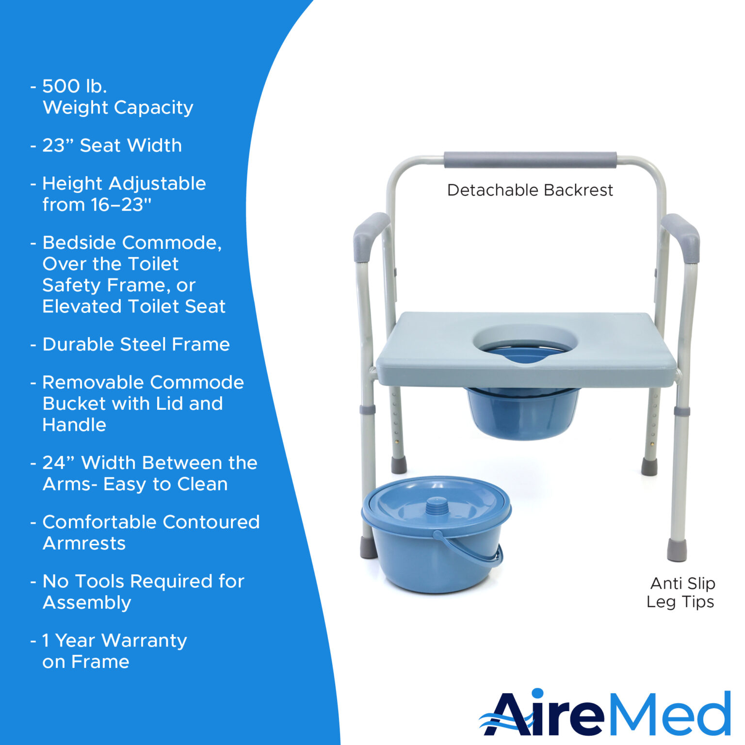 AireMed 3 in 1 Heavy Duty Bedside Commode Over Toilet Bariatric